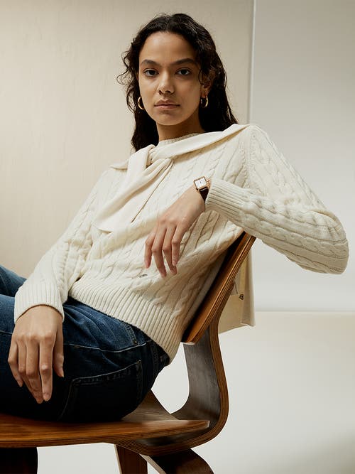 Lilysilk Classic Cable Knit Sweater With Ribbed Edges In White