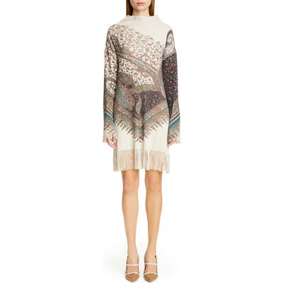 Etro Fringe Trim Long Sleeve Wool & Cashmere Sweater Dress, US / 42 IT - Grey