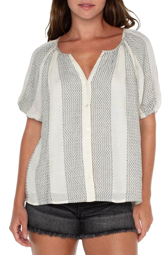 Shop Liverpool Los Angeles Stripe Puff Sleeve Button-up Top In Vintage White Black