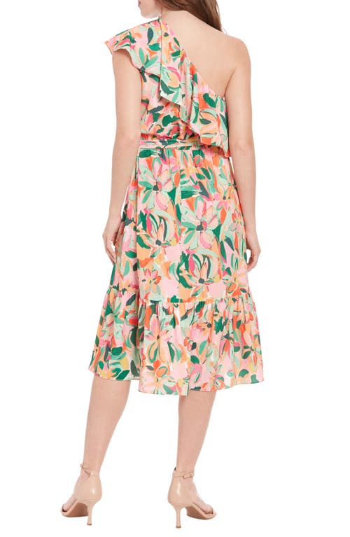 London Times Floral Print Ruffle Tie Waist One-shoulder Midi Dress In Pink Multi