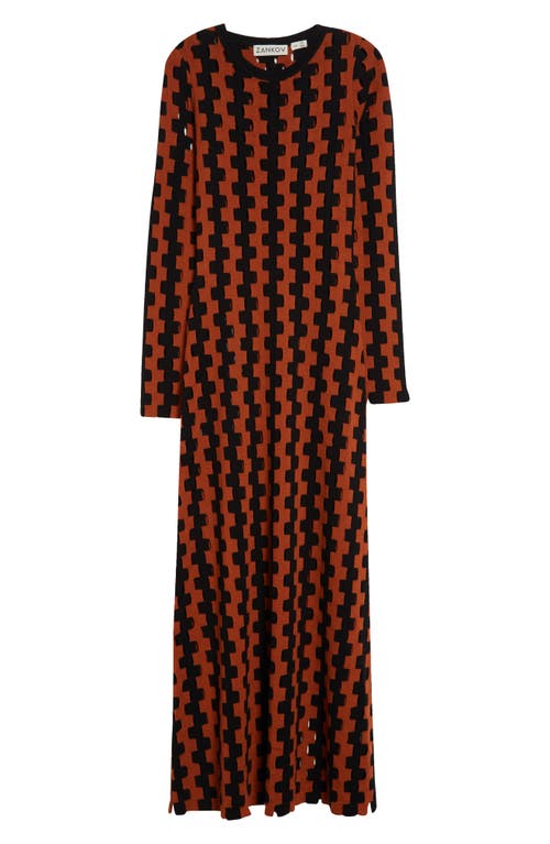 Shop Zankov Natalie Open Work Long Sleeve Wool Maxi Sweater Dress In Tobacco/black