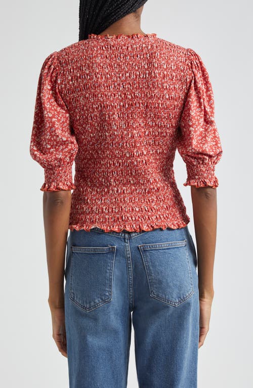 Shop Veronica Beard Langston Smocked Puff Sleeve Top In Brick Red/white