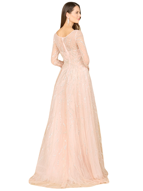 Lara New York Long Sleeve Beaded Lace Gown In Powderpink