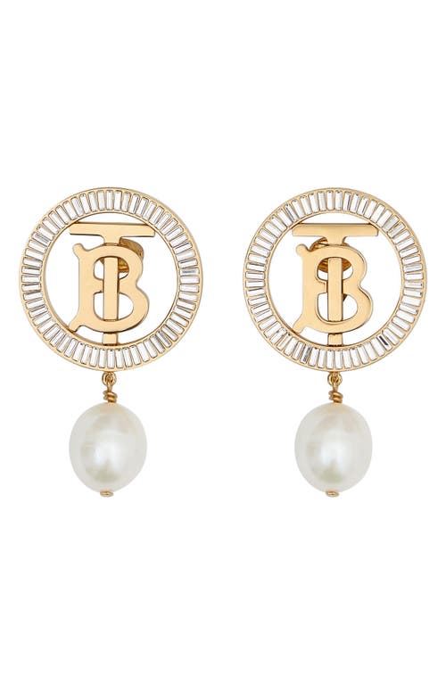 burberry TB Monogram Freshwater Pearl Drop Clip-On Earrings in Gold Crystal/White