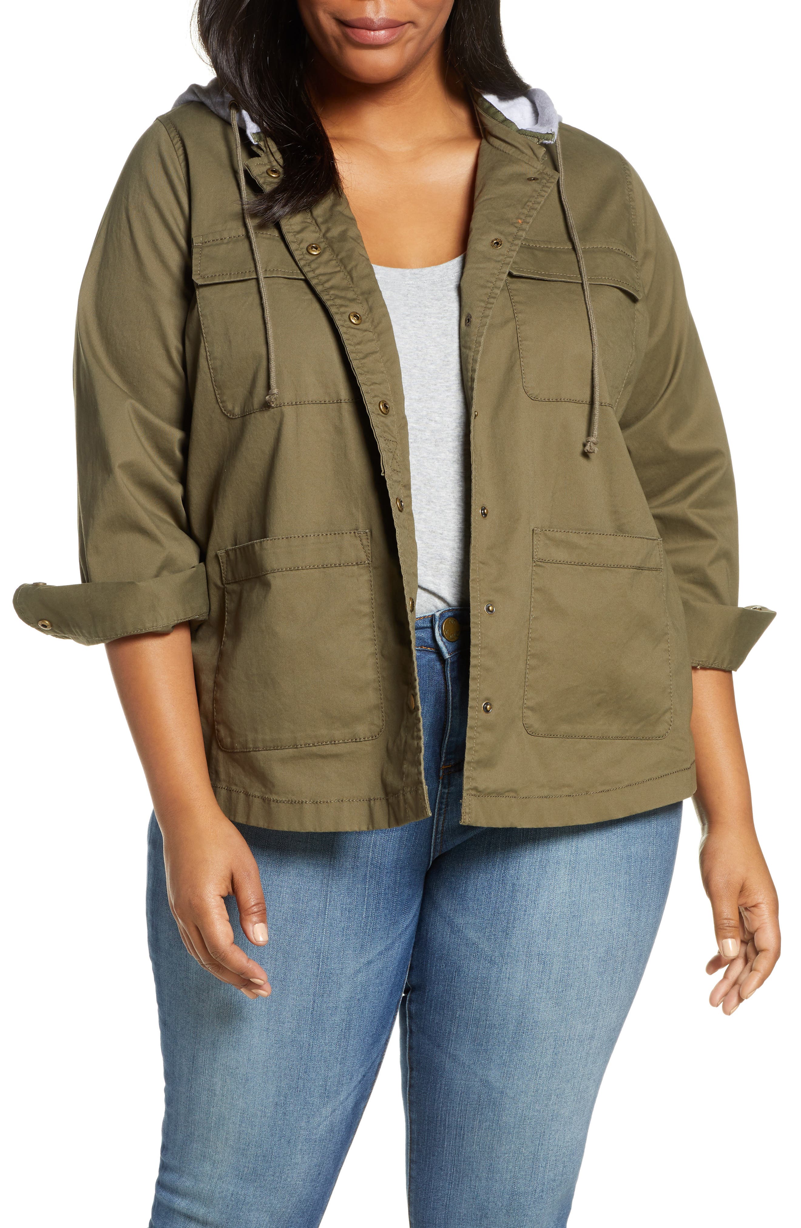 plus size utility jacket with hood