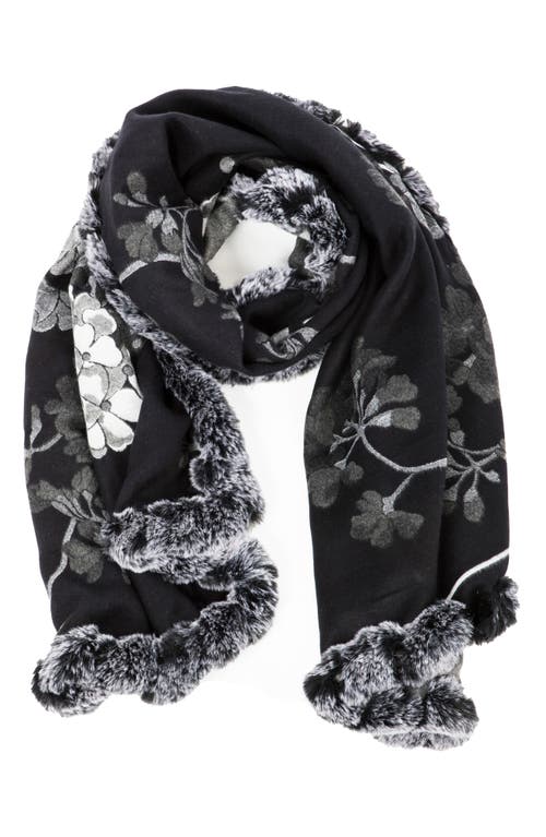 Saachi Floral Reversible Scarf With Faux Fur Trim In Black