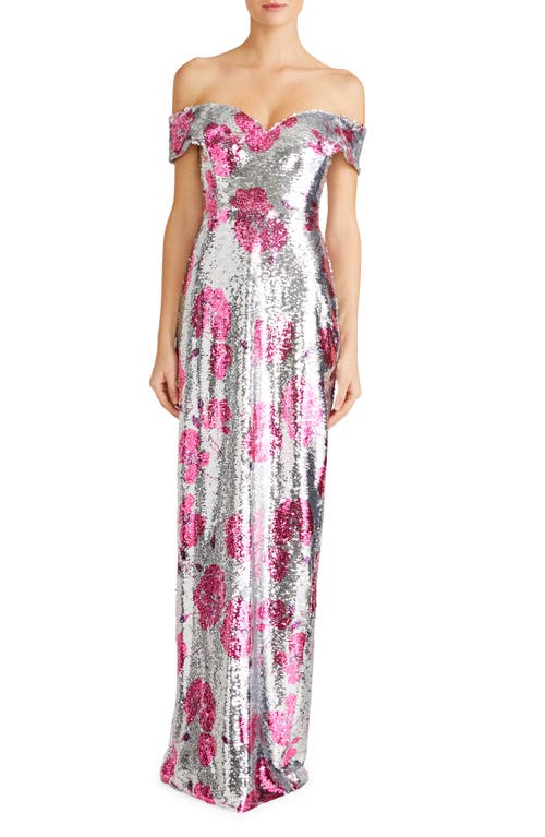 ml Monique Lhuillier Estelle Sequin Off The Shoulder Gown In Silver Dancing Poppies