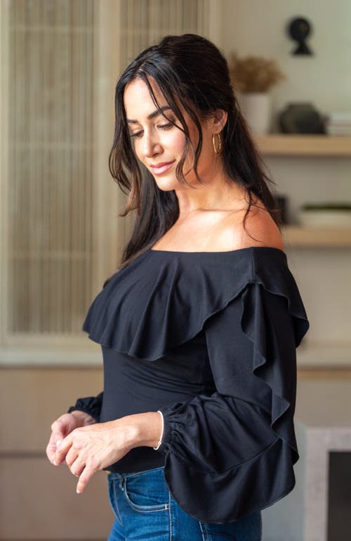 Jjwinks Vixen Built-in Shelf Off-the-shoulder Long Sleeve Ruffle Holiday Top In Black