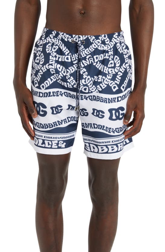 Shop Dolce & Gabbana Marina Print Swim Trunks In Dg Marina F. Blue