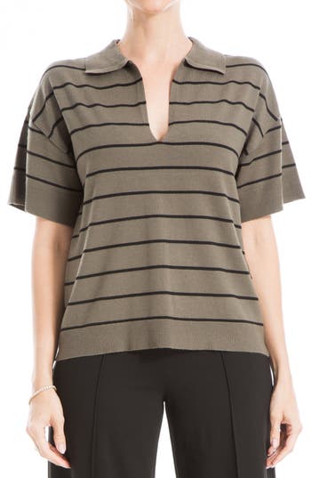 Max Studio Johnny Collar Stripe Knit Polo Sweater In Army Black