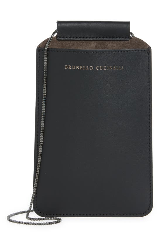 Brunello Cucinelli Calfskin Lanyard Phone Pouch In Black