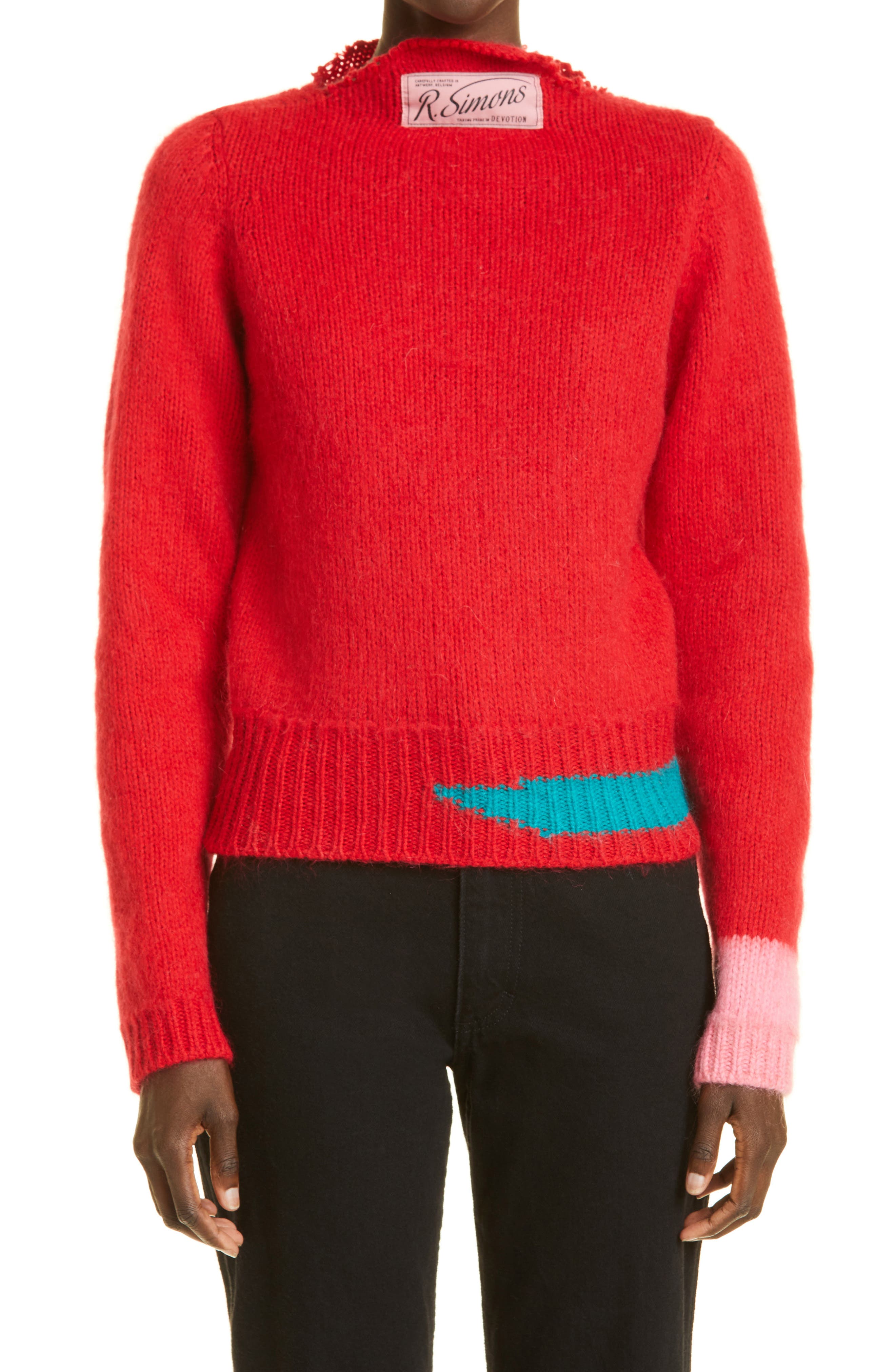 Raf Simons Contrast Accent Virgin Wool Sweater in Red at Nordstrom, Size Small