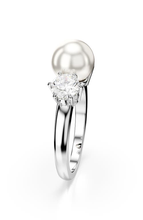 Swarovski Matrix Crystal & Imitation Pearl Cocktail Ring In Rhodium Plated In Silver/white