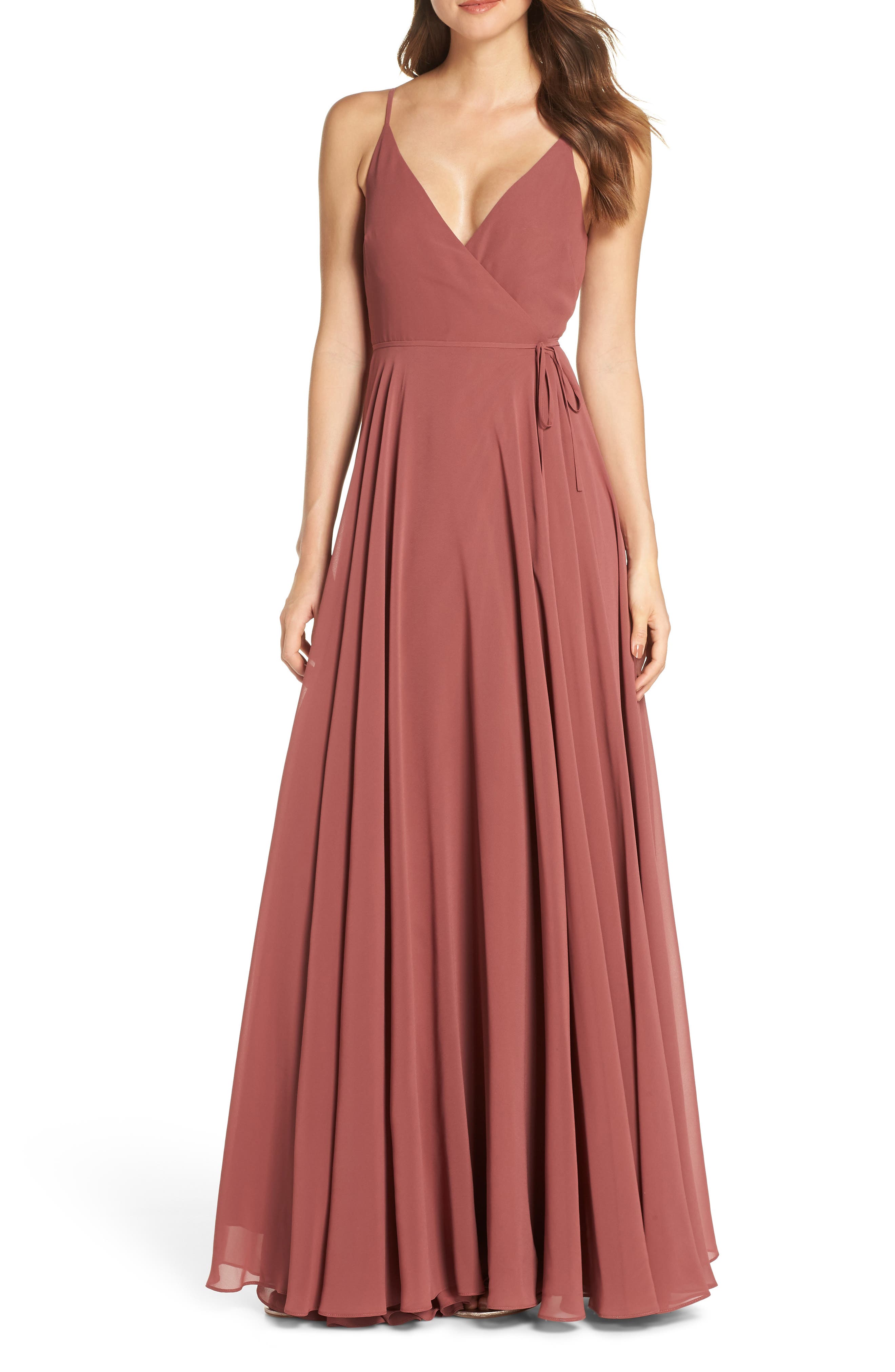 Jenny Yoo James Sleeveless Wrap Chiffon Evening Dress, Red