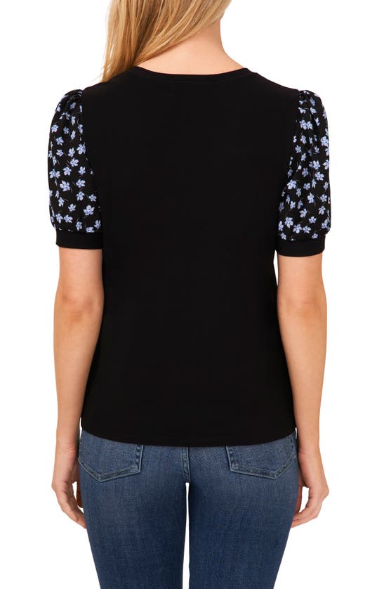 Shop Cece Floral Sleeve Mixed Media Knit Top In Rich Black