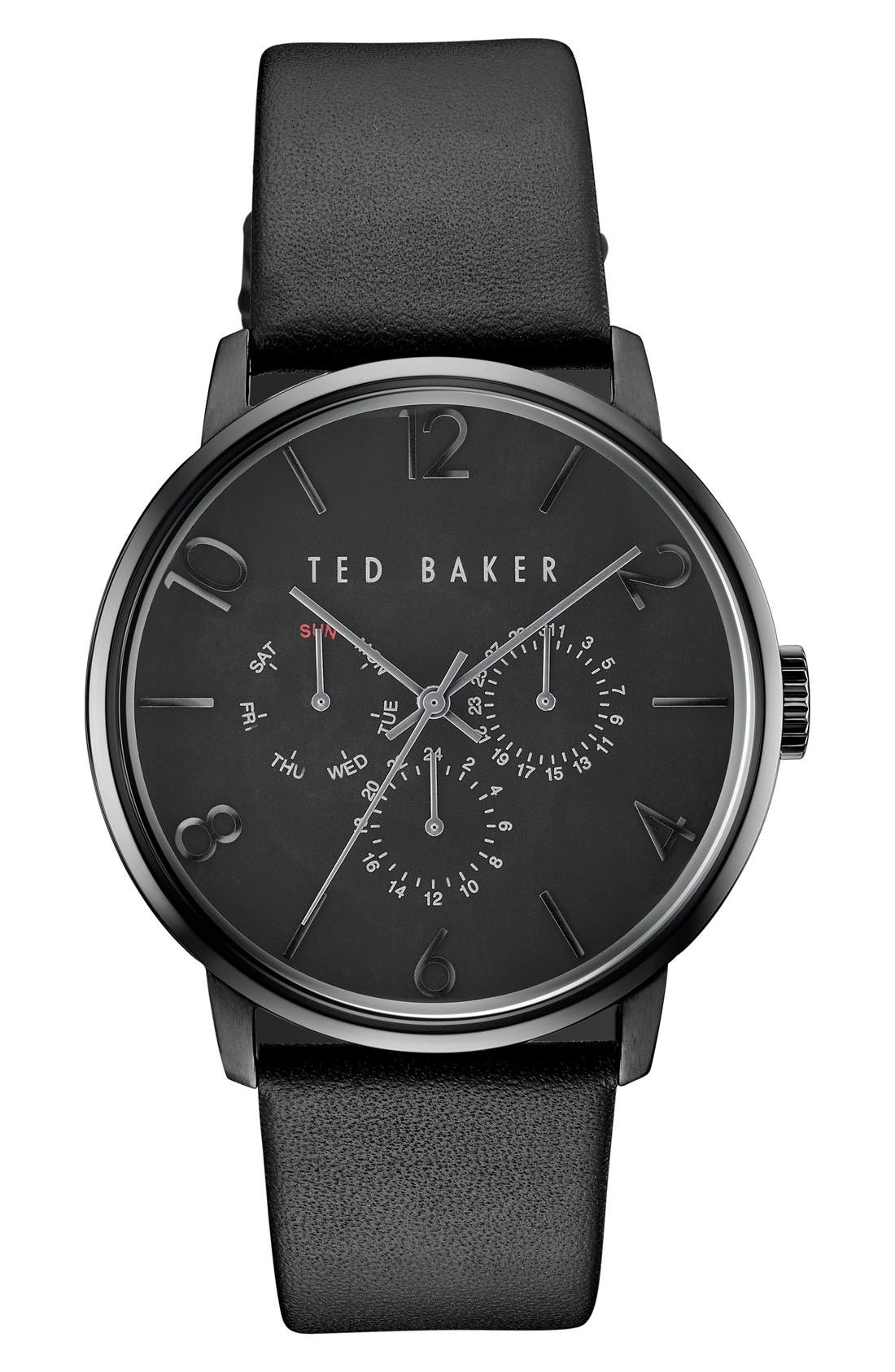 Ted Baker London Multifunction Leather Strap Watch, 42mm Nordstrom