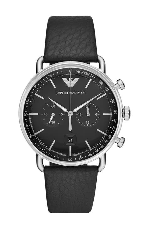 Men's Chronograph Black Leather Watch, 43mm
