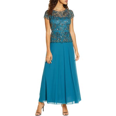 Pisarro Nights Beaded Mesh Mock Two-Piece Gown, Blue