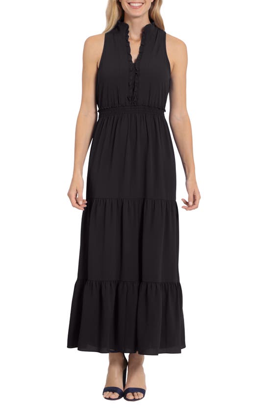 London Times Ruffle Neck Sleeveless Maxi Dress In Black