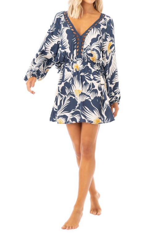 Delft Flowers Sierra Long Sleeve Cover-Up Tunic Dress in Blue