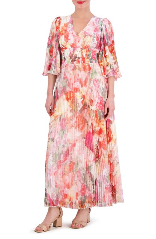 Floral Print Pleated Chiffon Maxi Dress in Pink