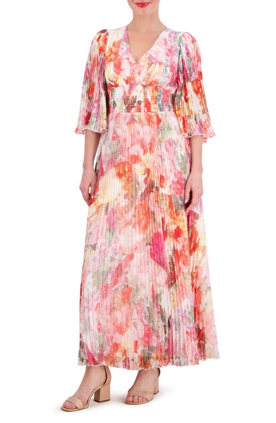 Vince Camuto Floral Print Pleated Chiffon Maxi Dress In Purple