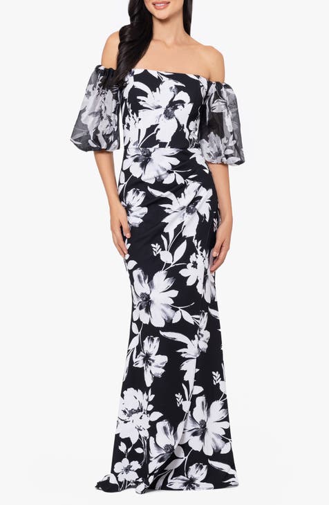Floral Off the Shoulder Puff Sleeve Scuba Sheath Gown