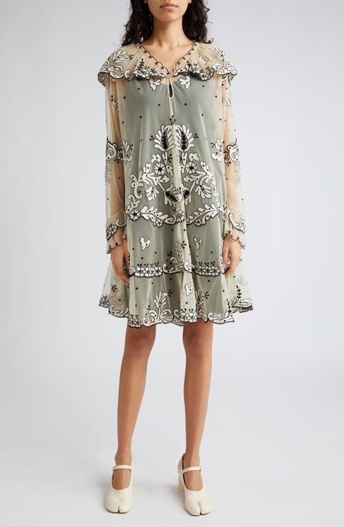 Bode Birch Long Sleeve Embroidered Sheer Dress in Peral/Black/White at Nordstrom, Size Small