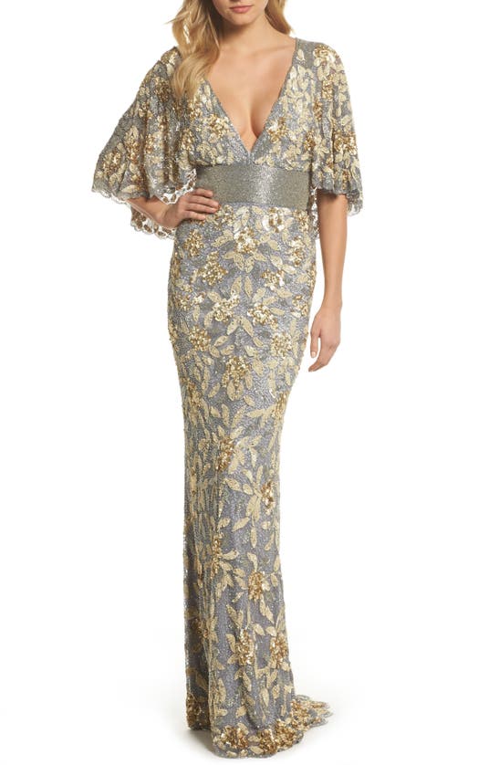 Mac Duggal V-neck Floral Sequin Metallic Column Gown W/ Cape In
