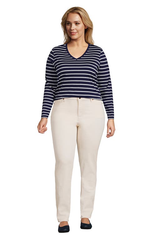 Shop Lands' End Plus Size Relaxed Supima Cotton Long Sleeve V-neck T-shirt In Deep Sea Navy Breton Stripe