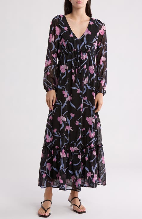 Floral Clip Dot Long Sleeve Maxi Dress