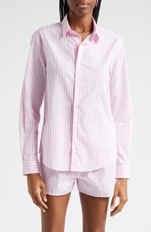 Stripe Cotton Button-Up Shirt in White/Pink Large Stripe