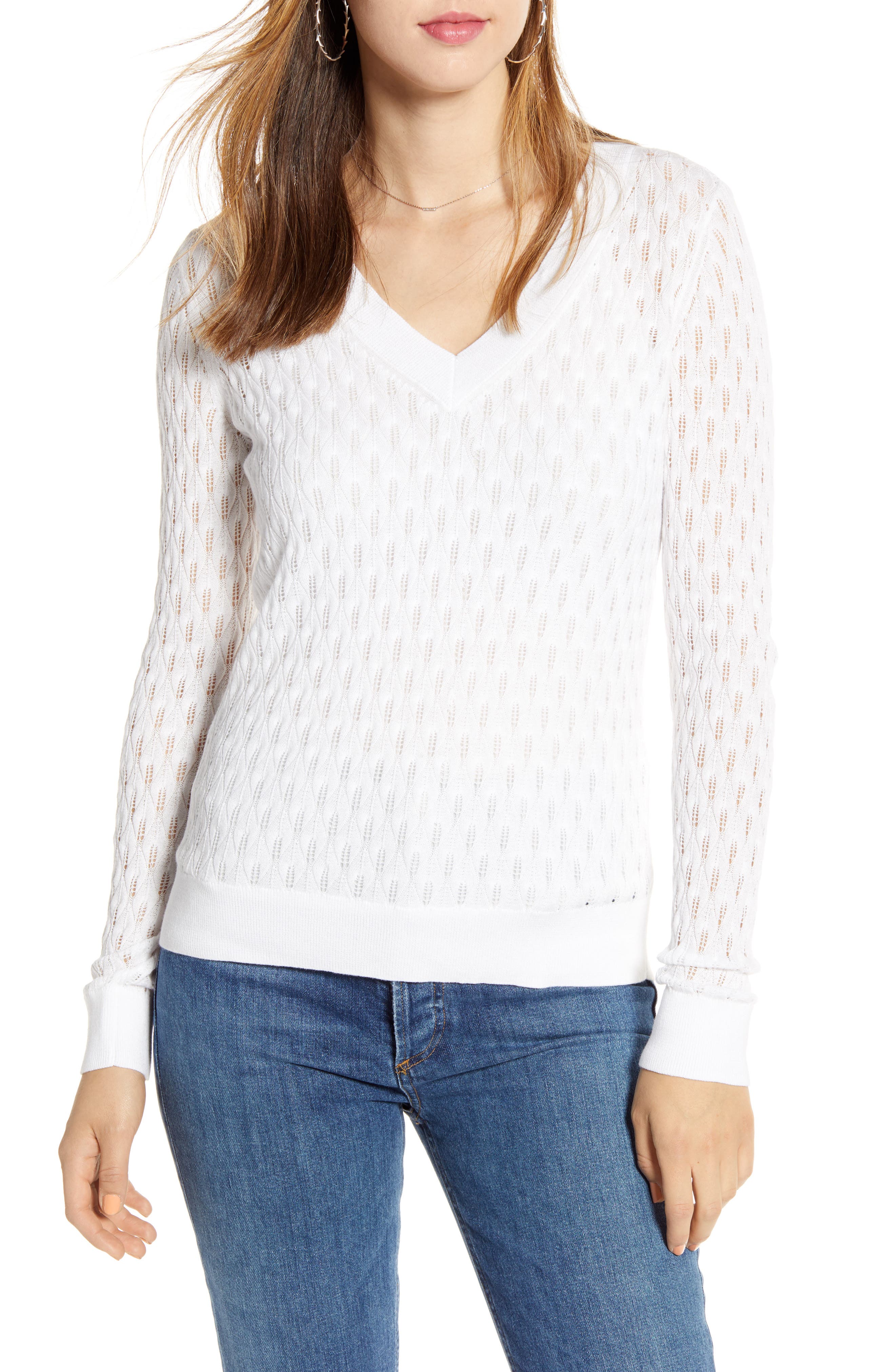 1901 V-Neck Pointelle Sweater, White