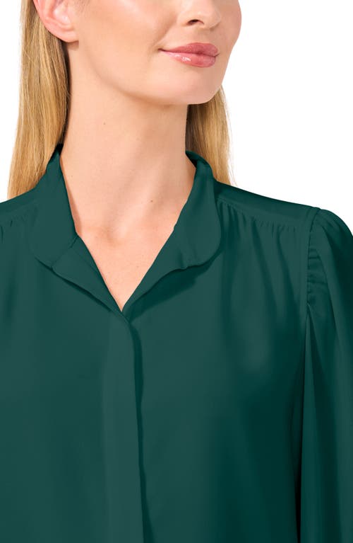 Shop Cece Open Collar Long Sleeve Georgette Button-up Shirt In Dark Forest Green