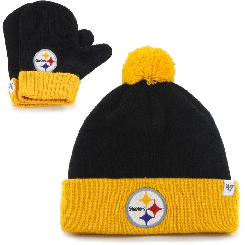 47 Babies' Infant ' Black/gold Pittsburgh Steelers Bam Bam Cuffed Knit Hat With Pom And Mittens Set