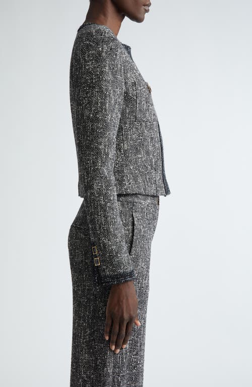 Shop St John St. John Collection Lightweight Knit Tweed Crop Jacket In Black/chalk Multi