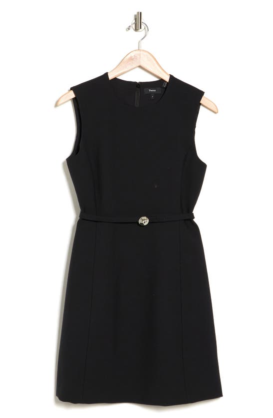 Shop Theory Sleeveless Belted Wool Blend Dress In Black