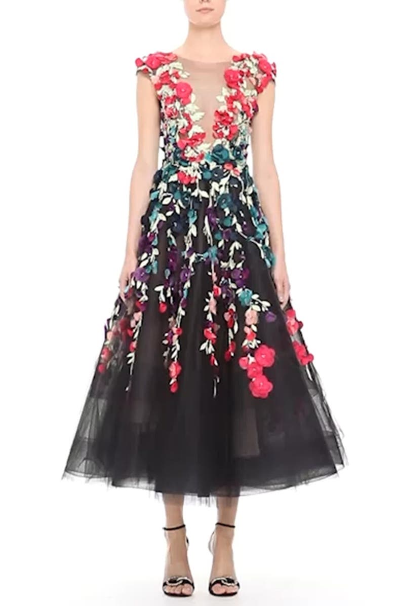 Marchesa Plunging V-Neck 3D Embellished Tulle Midi Dress | Nordstrom