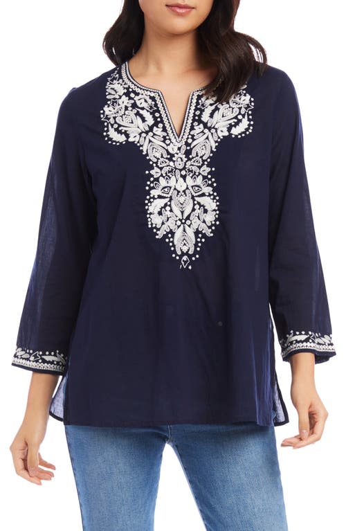 Karen Kane Embroidered Cotton Tunic Blouse in Navy