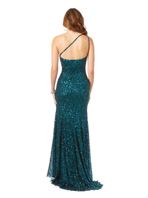 Lara New York One-shoulder Beaded Gown With Slit In Teal