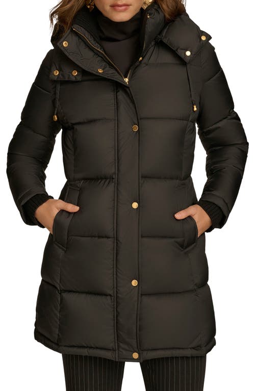 Donna Karan New York Hooded Ribbed Trim Puffer Jacket in Black 