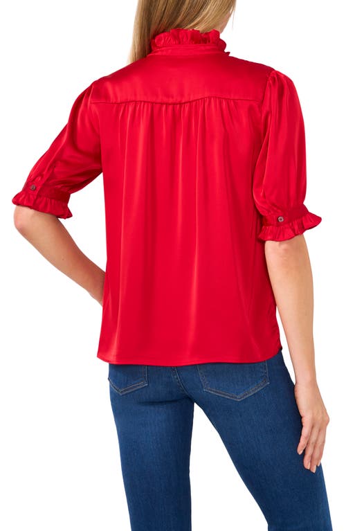 Shop Cece Frill Cuff Satin Button-up Shirt In Stoplight Red