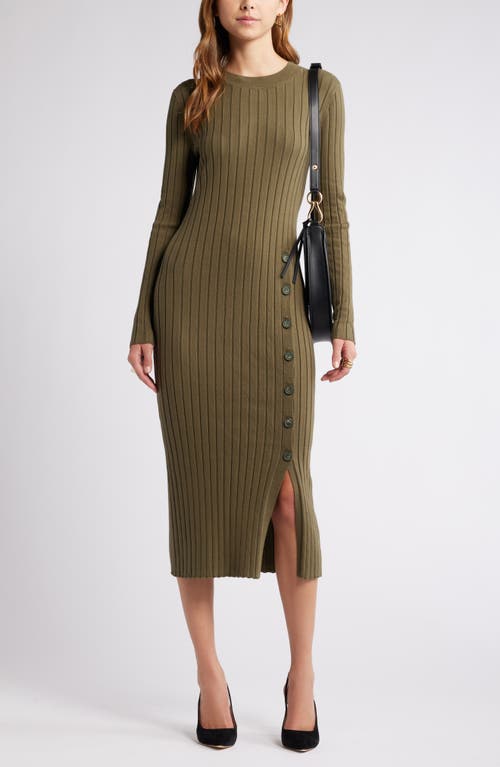 Shop Open Edit Button Sweater Midi Dress In Olive Ivy