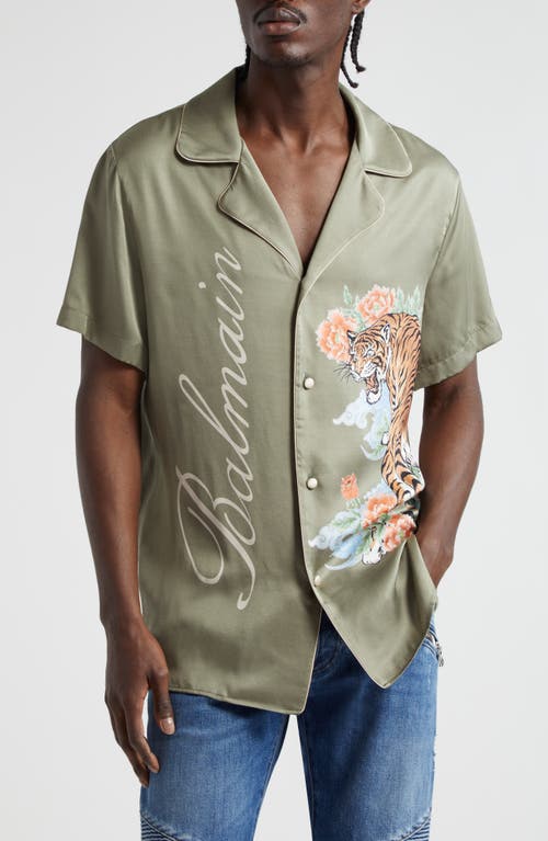Balmain Tiger Print Satin Pajama Shirt In Khaki/multico