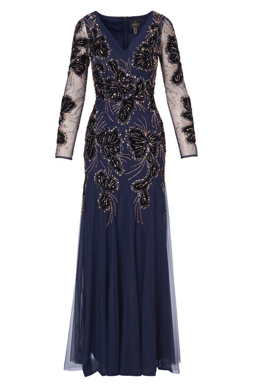 Shop Adrianna Papell Beaded Mesh Long Sleeve Velvet Godet Gown In Light Navy