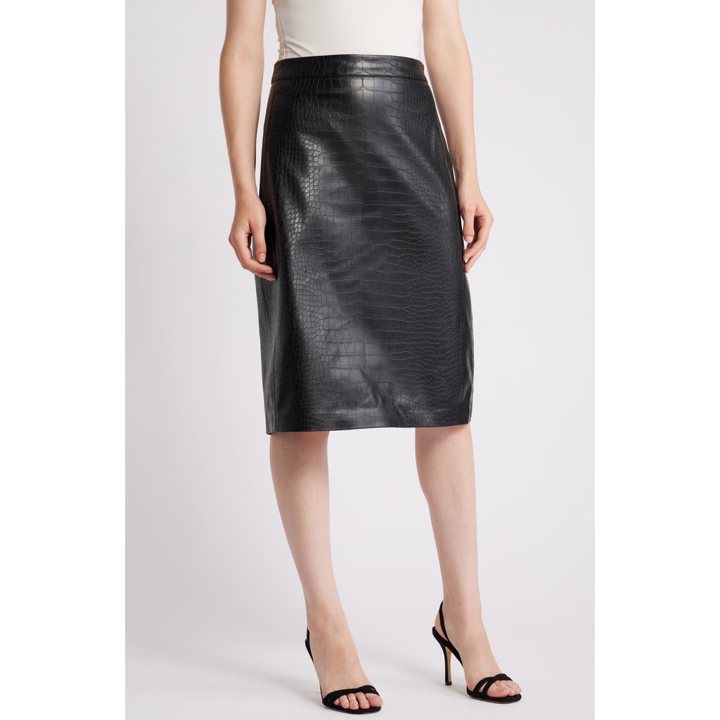 KOBI HALPERIN Croc Embossed Faux Lether Midi Skirt in Black