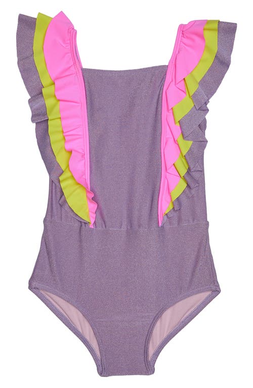 Beach Lingo Sparkle Ruffle Colorblock One-Piece Swimsuit Lilac at Nordstrom,