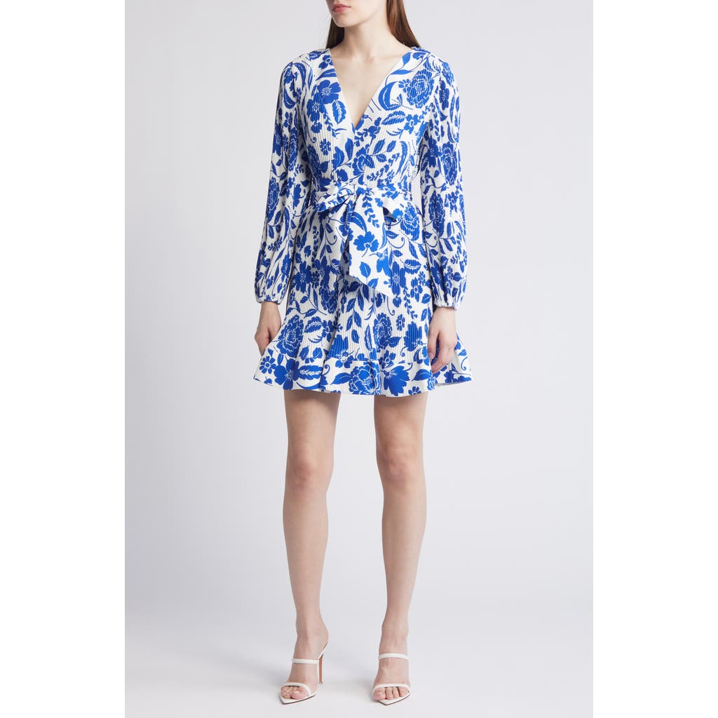 Milly Liv Flowers Of Spain Long Sleeve Pleated Dress In Blue/white