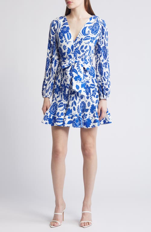 Milly Liv Flowers of Spain Long Sleeve Pleated Dress Blue/White at Nordstrom,