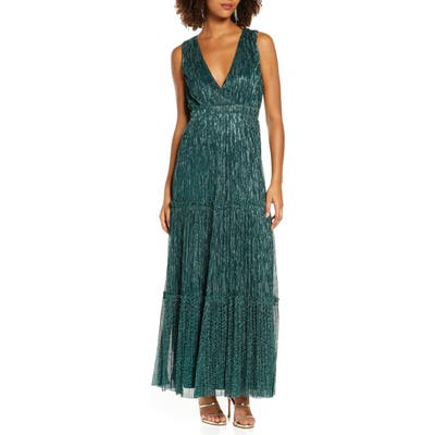 Lulus Falling Star Metallic V-Neck Gown, Green